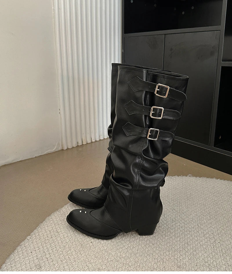Vintage Belt Buckle Knee High Boots Removable Shoes Elegant Thick Heel Knight Long Booties