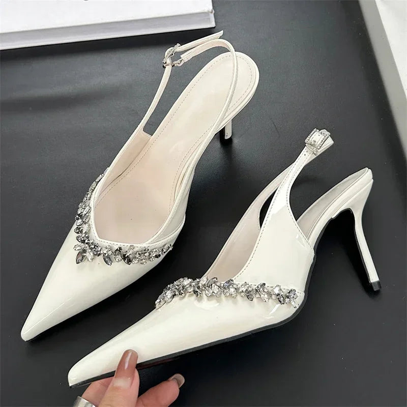 Rhinestone Buckle Strap Pointed Toe Thin High Heels Slingbacks Heels Sandals Party Prom Shoes