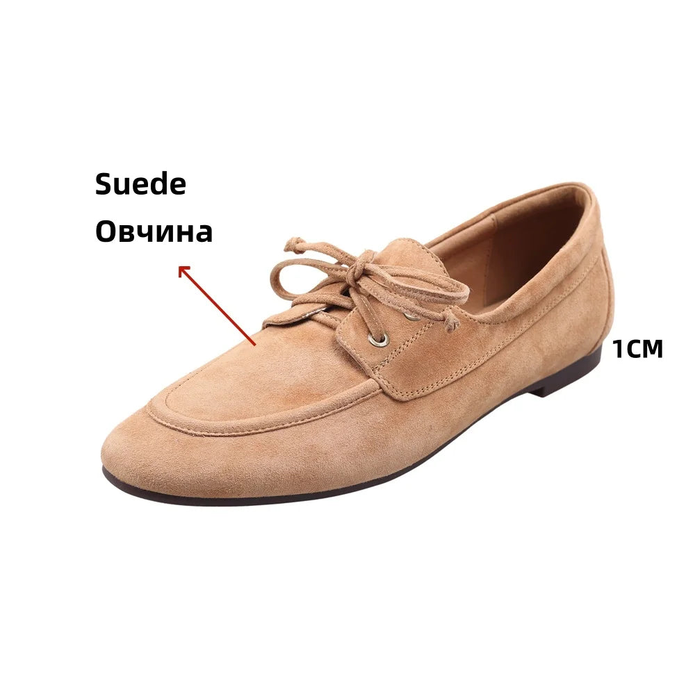 Ballet Flats Shoes Suede Leather Lace Up Casual Loafers Flats Heels Street Office Lady Loafers Shoe