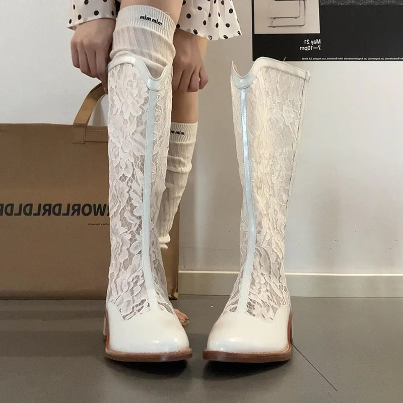 Lace Hollow Out Knee High Boots Skinny Thick Heels Shoess Breathable Long Booties