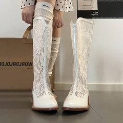 Lace Hollow Out Knee High Boots Skinny Thick Heels Shoess Breathable Long Booties