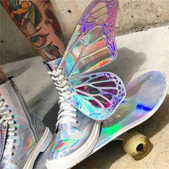 Shine Silver Real Leather Flat Sneakers Butterfly Wings Shoes Lace Up Ankle Boots High-top Leisure Platform Shoes
