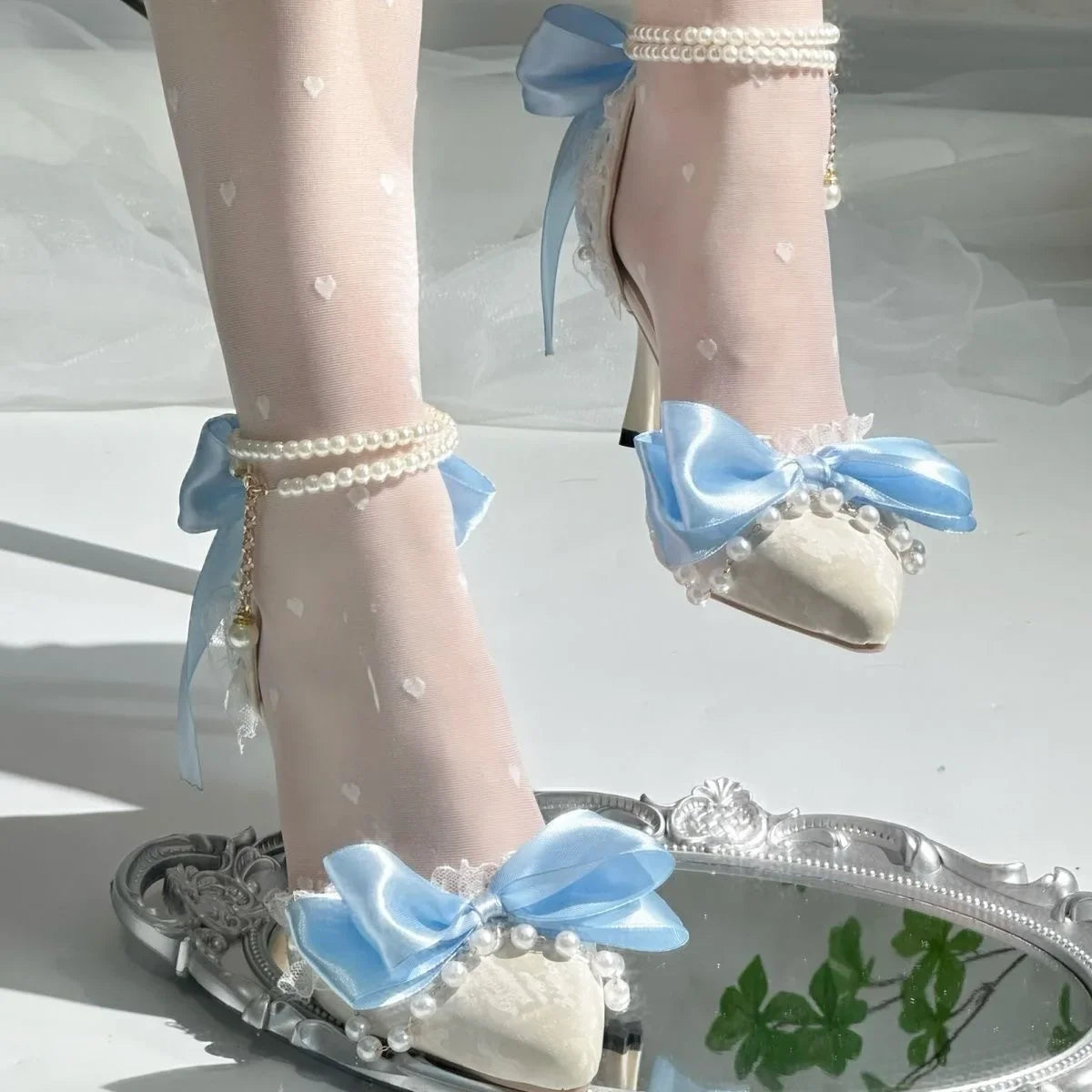 Party Shoes Woman Trend Blue High Heels Woman Pearl Lolita Shoes Y2K Heel Mary Jane Slingback