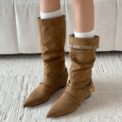Mid Calf Boots Pointed Toe Flats Shoes Chelsea Boots Casual Walking Suede Zapatos Goth Mujer Botas
