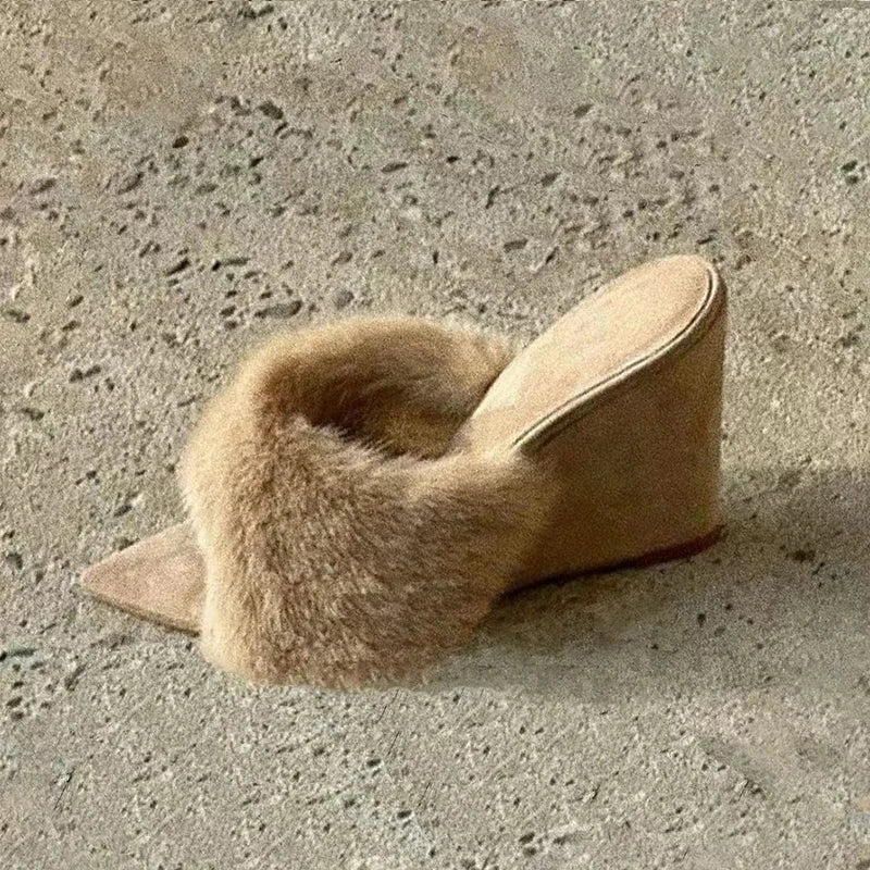 Plush Slippers French Pointed Open-toed Fluffy Slippers Home Outdoors Wedge Shoes Heels Highquality