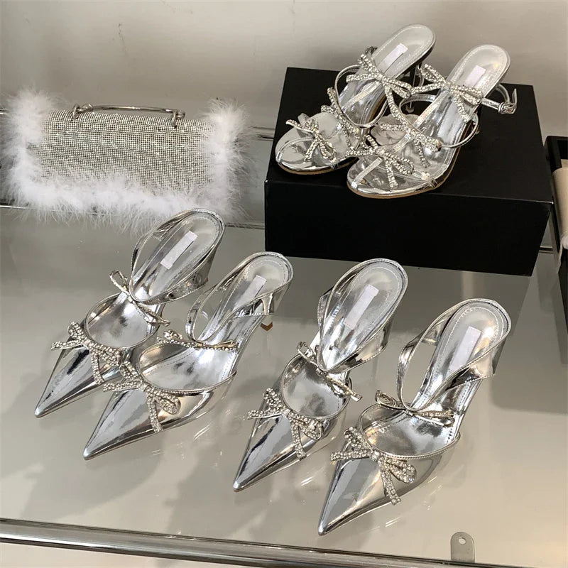 Crystal Butterfly-knot Pointed Toe Buckle Strap High Heels Party Prom Sandals Mule Shoes