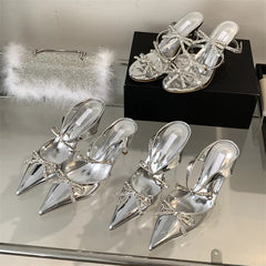 Crystal Butterfly-knot Pointed Toe Buckle Strap High Heels Party Prom Sandals Mule Shoes