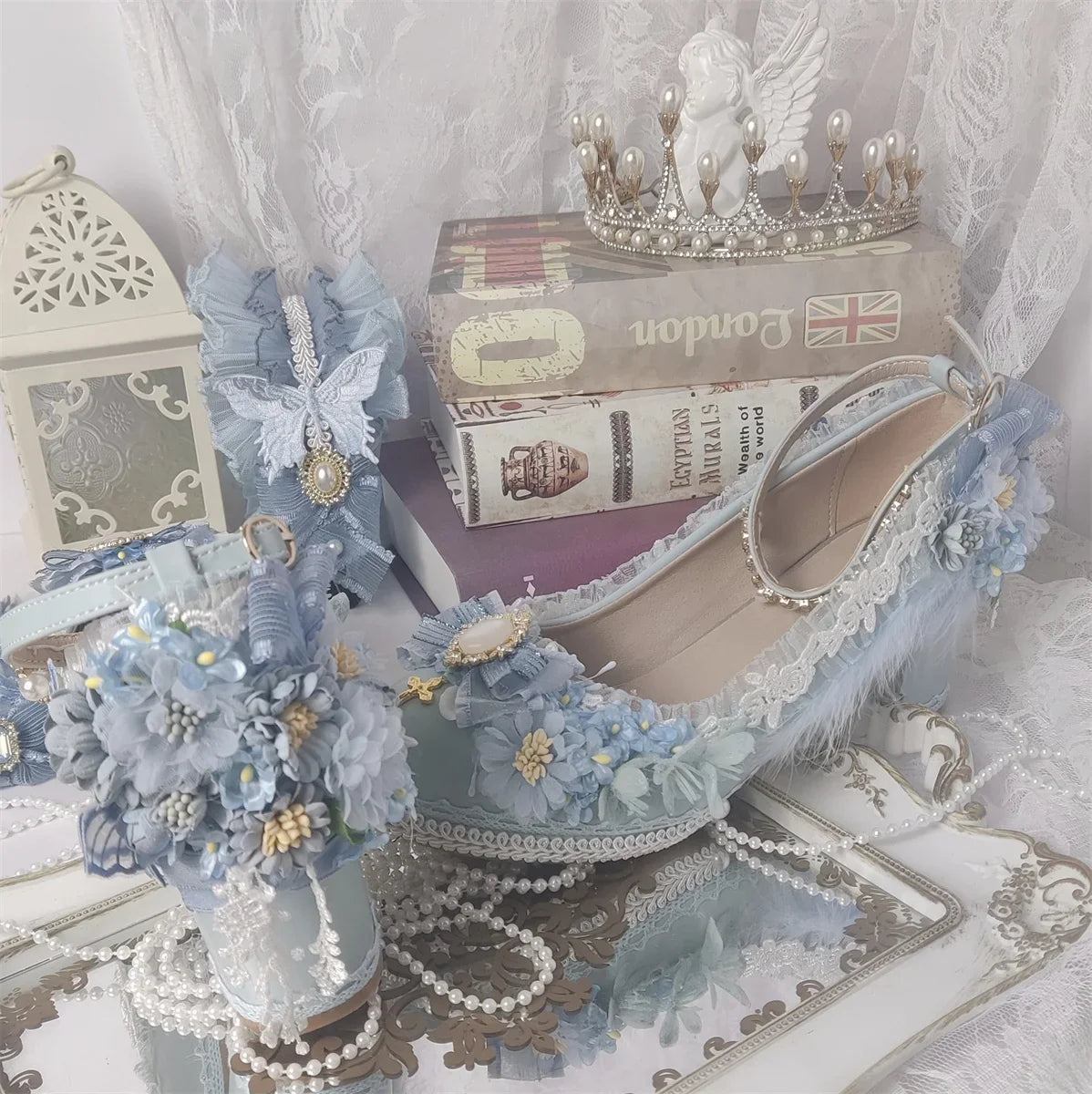 Sweet Lolita Retro Court Style Cosplay Cute Loli Flower Wedding Girls Gem Flower Ribbon Plush Bow 6-8 Cm High Heel Shoes