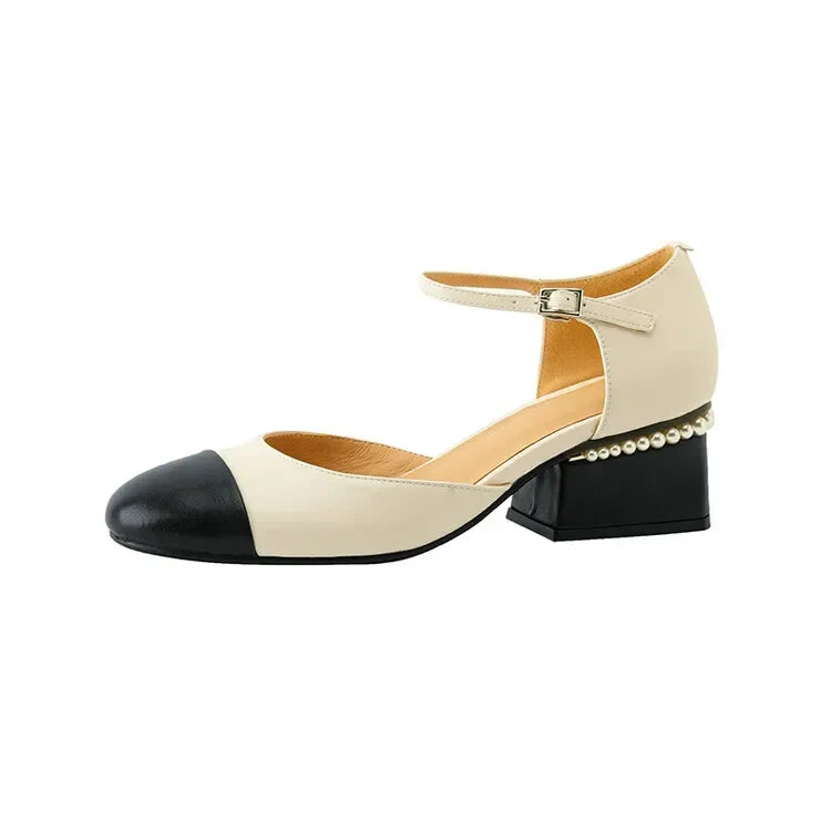 Sheepskin Leather Pumps Pearls Chunky Heels Shoes Brand Two Tone Buckle Pumps Wedding Party Dressy Shoes
