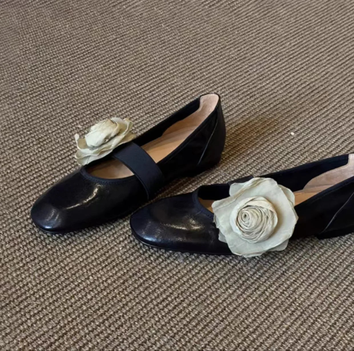 Brown Leather Mary Jane Flats Square Toe Elastic Strap Flower Decoration Stylish Footwear