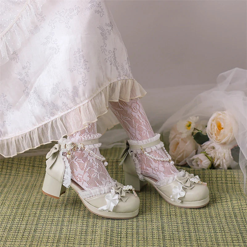 Kawaii Ankle Strap Lolita Pumps Round Toe Platform Thick Mid Heel Buckle Bow Bead Cosplay Lady Shoes Autumn