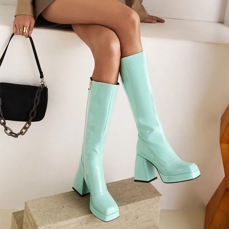 Mint Green White Patent Leather Knee High Boots Square High Heels Waterproof Platform Party Fetish Shoes 42 43