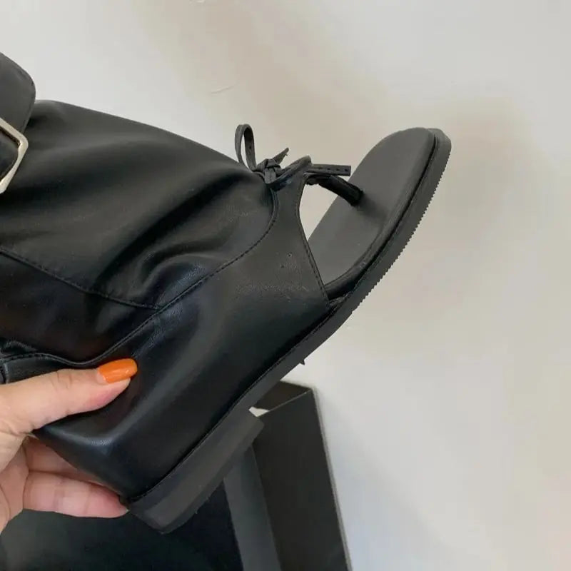 Black Wedge Sandals Woman Thong High Heels Long Boots Belt Buckle Gladiator Shoes Sandal Femmes