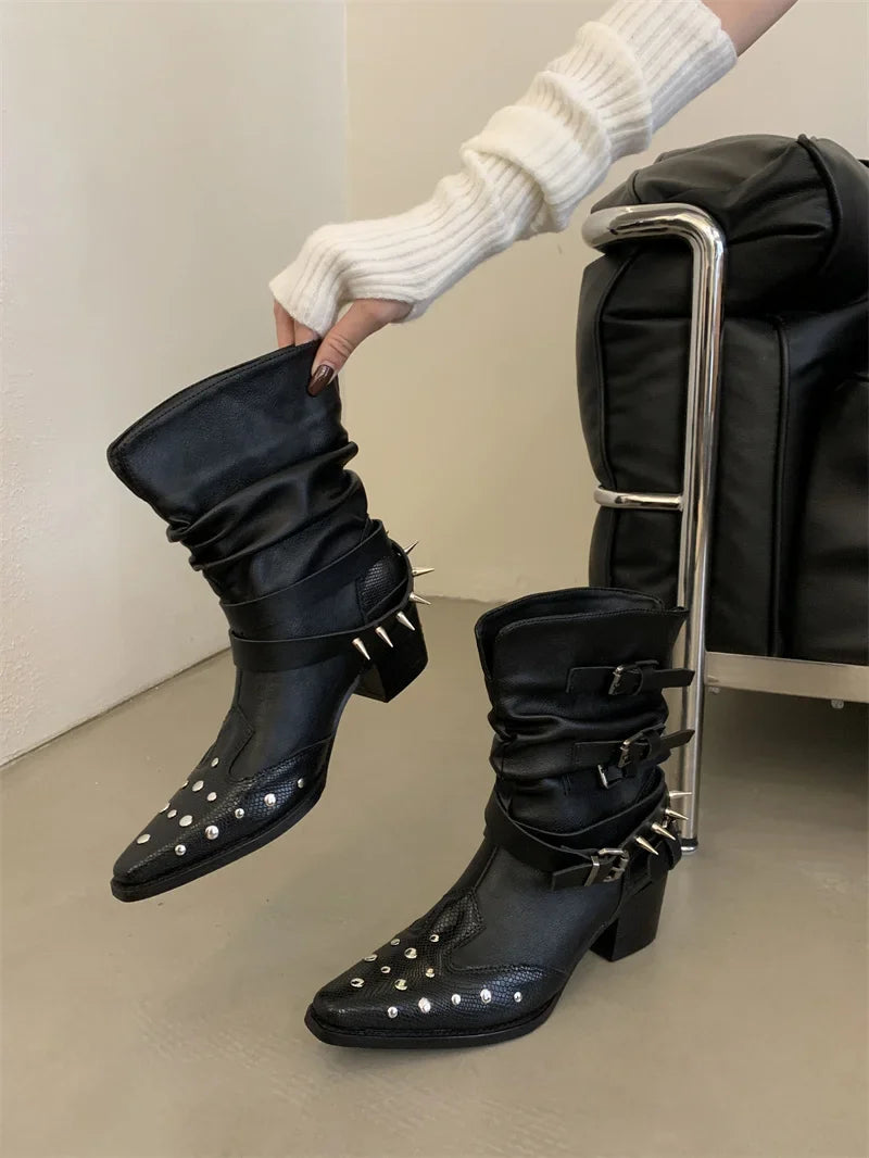 Black Gothic Shoes Platform Rivet Belt Buckle Chunky Heels Ankle Boots Punk Woman Cowboy Western Boots Arrival