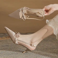 Satin Pointed Toe High Heels Bow Design Cover Toe Fine Heel 6cm Sandals Back Strap Party
