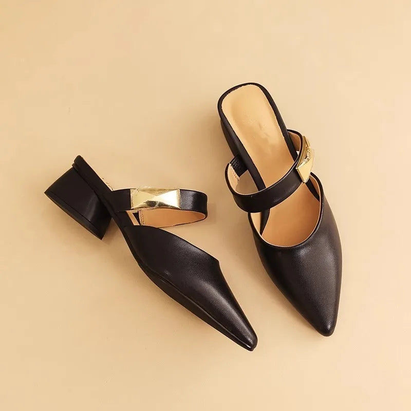 Pointed Metal Decorate Muller Shoes Platform Casual Half Slippers High Heel Woman Sandals