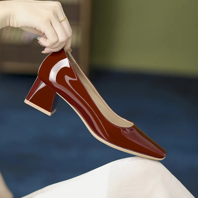 Solid Japanned Leather Pumps Woman Block High Heels Shoes OL Dress Work Escarpins Femmes Tacones Mujer