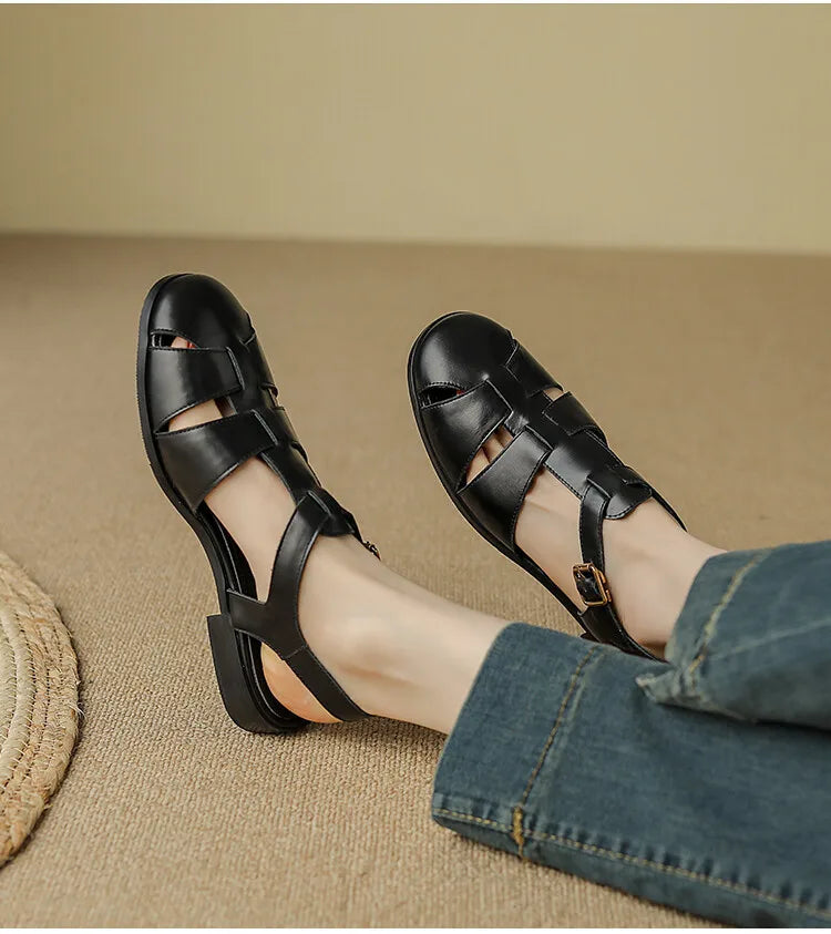 Sandals Low Thick Heel Genuine Leather Hook and Loop Back Strap Casual Sandals Solid Color Shoes