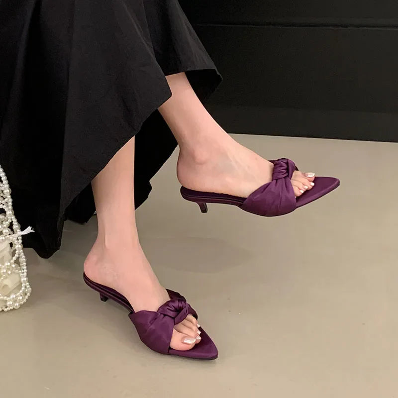 Butterfly-Knot Heeled Slippers Shoes Pointed Toe Low Heel Slippers Pumps