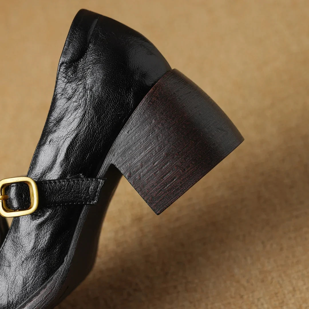 sheepskin chunky heel round toe t-strap slip-on pumps British style retro med heeled shoes