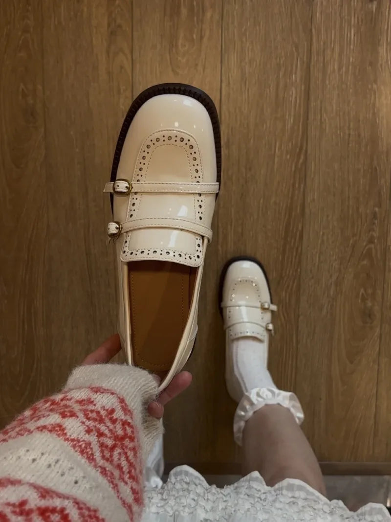 High Quality Patent Leather Loafers Double Narrow Band Buckle Shoes Retro British Style Zapatos De Mujer
