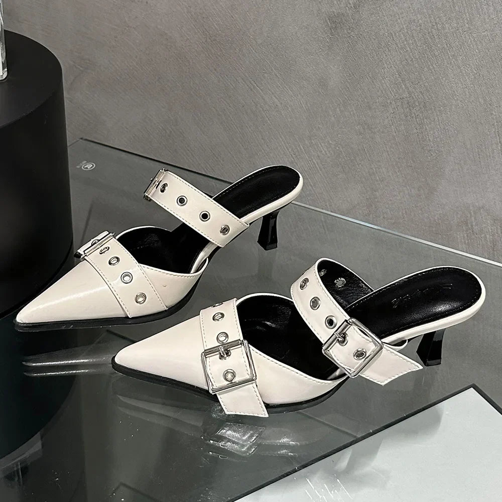 Pumps Belt Buckle Pointed Toe Black High Heel Mule Slides Half Slipper