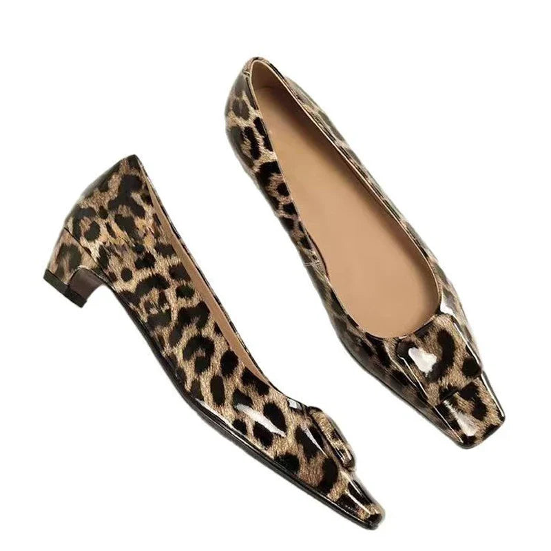 Leopard Kitten Heel Pumps Woman Pointed Toe Shoes Wedges Low Heeled Tacones Femmes Patent Leather Dress Bridal Shoes Ladies