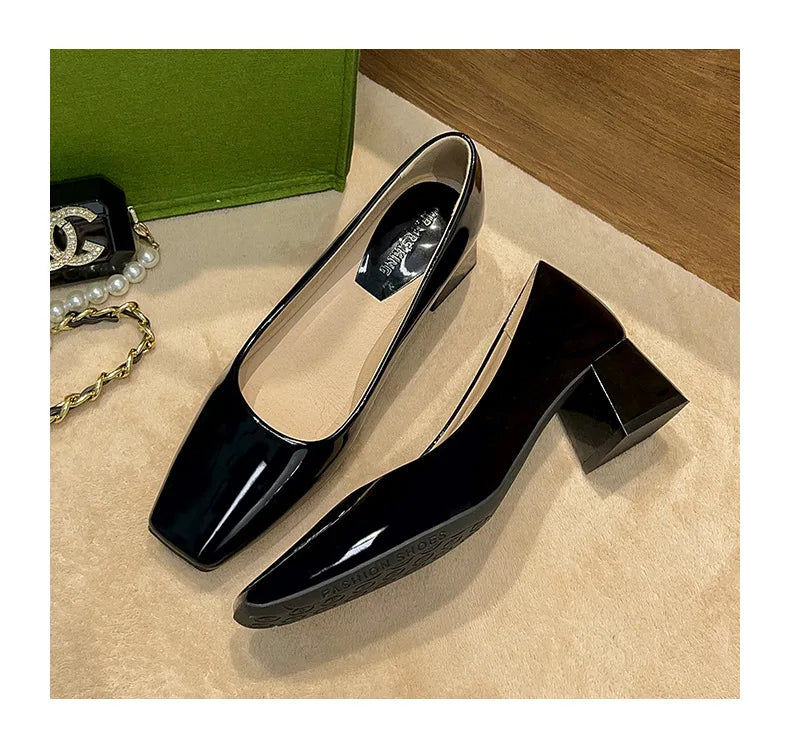 Solid Japanned Leather Pumps Woman Block High Heels Shoes OL Dress Work Escarpins Femmes Tacones Mujer