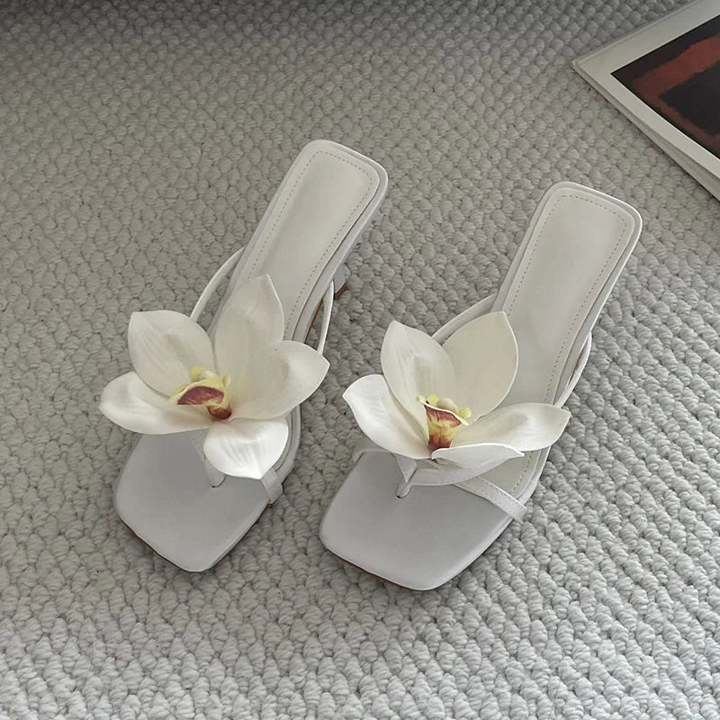 Flower Thin Heels Pumps Slides Shoes Flip flops Square Toe Heeled Sandals Shoes Big Size 43