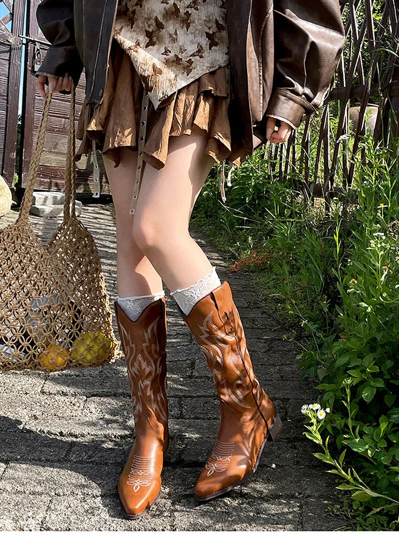 Vintage Western Cowboy Boots Slip On Thick Heel Shoes Embroidery Knight Botas