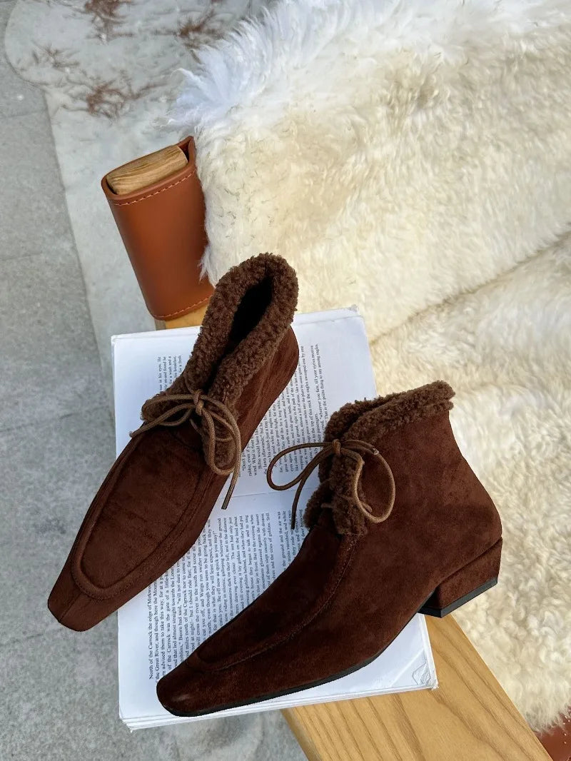 Lace Up Short Fluffy Warm Ankle Boots Comfort Square Toe Chunky Suede Short Boots Low Heels Party Shoes
