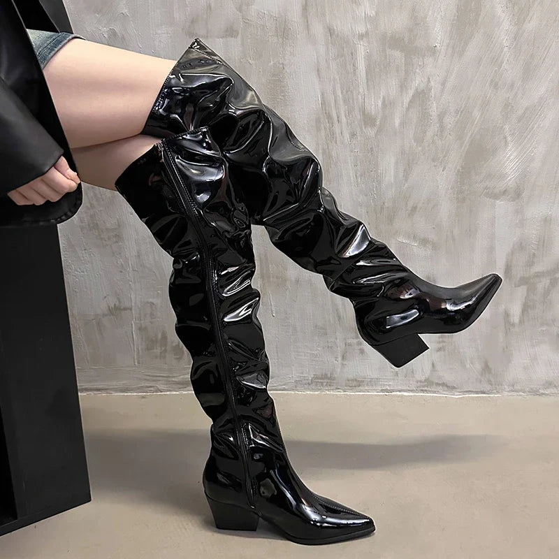 Vintage Pleated Over The Knee High Boots Slip On Long Booties Thick Heel Shoes
