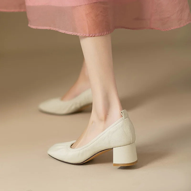 Oxford Shoes Vintage Pumps Mid Heels Square Toe Pumps Slip on Sewing High Heels Boat Shoes Elegant