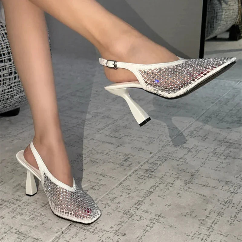 Rhinestone SquareToe Mesh Breathable Party Thin High Heeled Mule Shoes