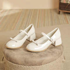 Round toe bowtie mary janes pumps thick high heels lolita shoes ankle strap japanned leather talons femmes