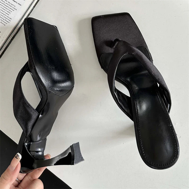 Square Clip Toe Slippers High Heels Casual Slides Sandals Flip Flops Shoes