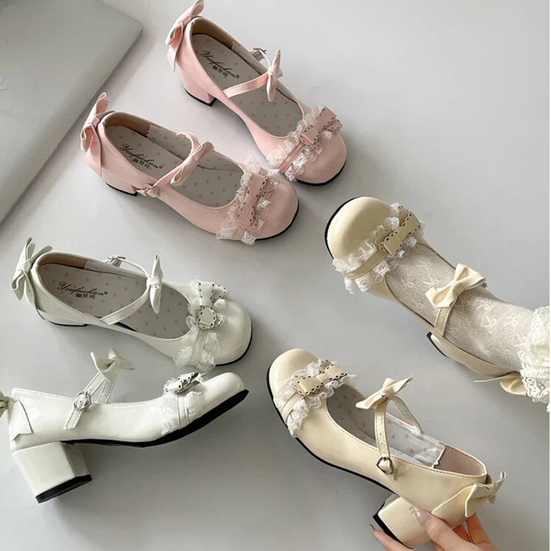 Cute Lace JK Mary Jane Shoes Butterfly-knot Leather Shoes Outdoor Party Dress Pumps