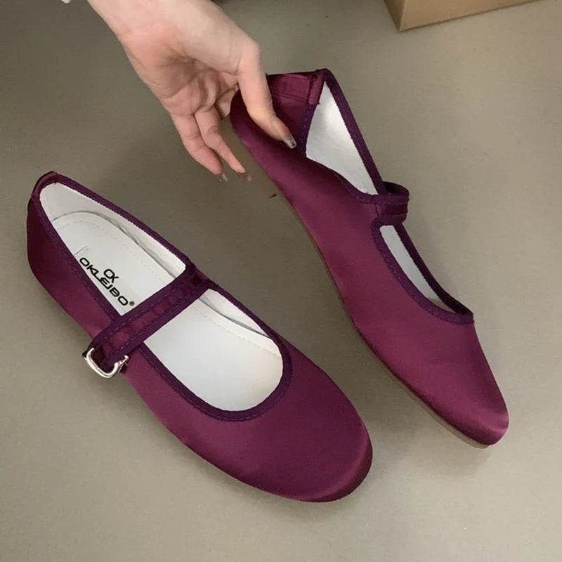 Comfort Satin Soft Sole Mary Jane Shoes Round Toe Shallow Flats Elegant Buckle Prom Ballet Shoes