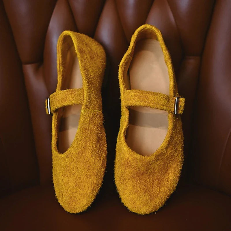 Leather Mary Janes Flats Shoes Cow Suede Buckle Strap Ballet Flats Shoes Shallow Soft Casual Loafers