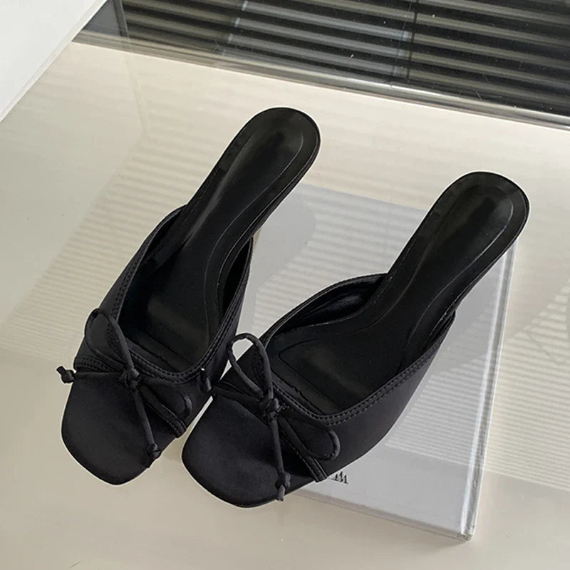 Design Style Shallow Square Toe Slippers Butterfly-knot Low Heels Shoes Zapatos De Mujer