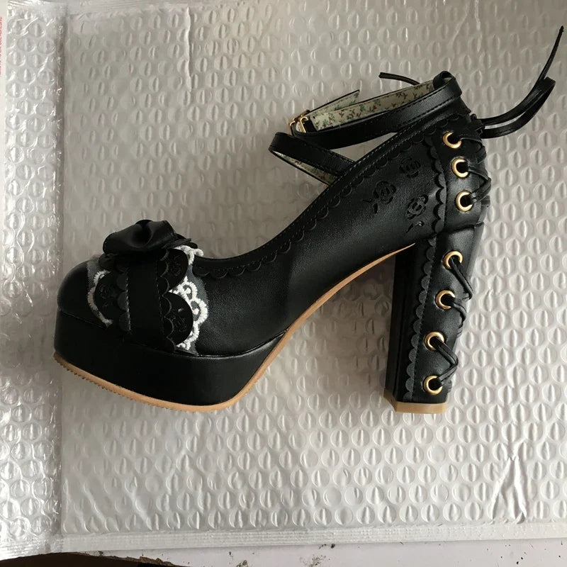 2.5 Platform Cute Bow Lace Princess Lolita Shoes Party 10cm High Heel Buckle Big size 43