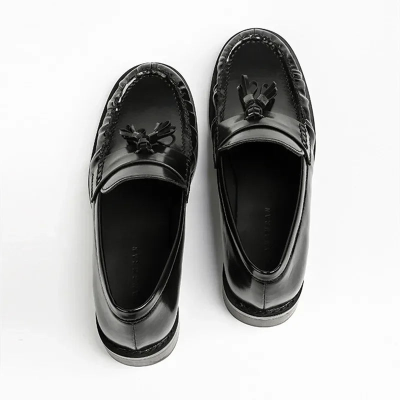 Black Patent Leather Chunky Heel Loafers Pleated Fringe Sewing Shoes Comfortable Soft Leather Zapatos De Mujer