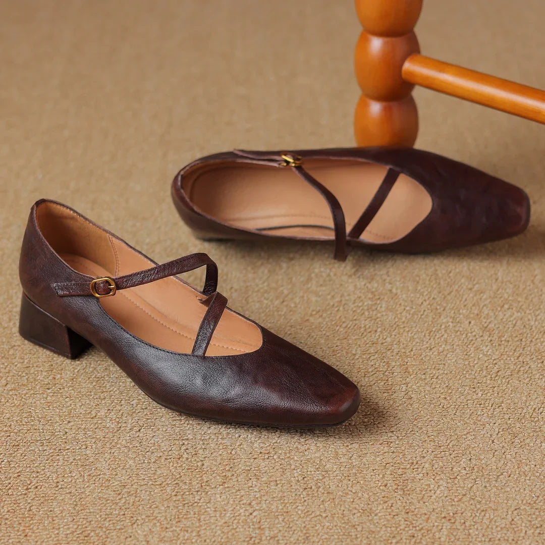 genuine leather square toe slip-on pumps 4cm thick low heel OL style elegant narrow band cross strap slim shoes
