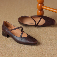 genuine leather square toe slip-on pumps 4cm thick low heel OL style elegant narrow band cross strap slim shoes