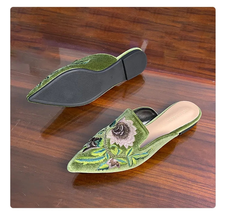 Embroidery Velour Shoes Woman Strange Heel Slippers Design Mules Femme Pointed Toe Wedges Tacones Slides Slip On Pantuflas Mujer
