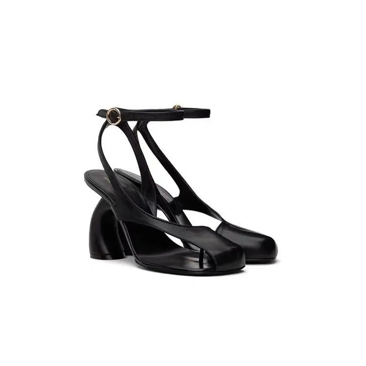 Leather Sandals Square Toe Ankle Strap Chunky Heel Elegant Party Evening