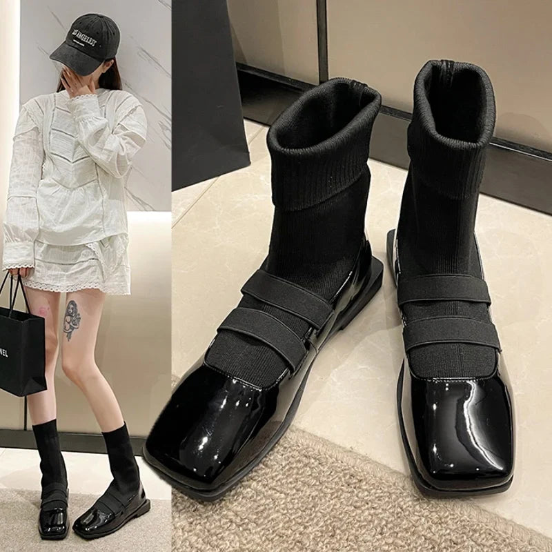 Stylish Square Toe Knitted Sock Boots Platform Boots Black Patent Leather Punk Goth Shoes