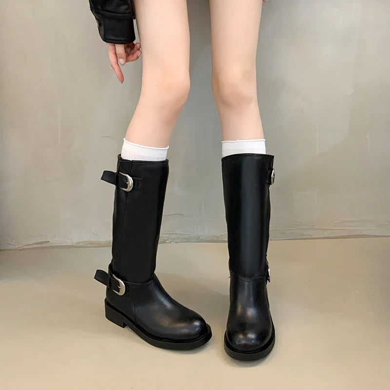 Belt Buckle Knight High Boots Thick Heel Shoes Vintage Slip On Slim Long Booties Zapatos De Muje