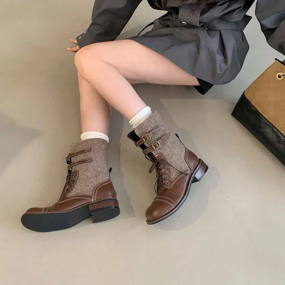 Design Narrow Band Lace-up Knee-High Boots Vintage Round Toe Square Low Heels Shoes