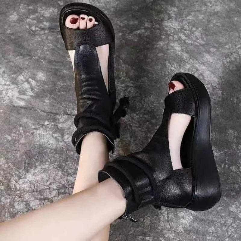 Roman Shoes Leisure High Top Elevated Slope Heel Cool Boots Soft Leather Thick Sole Fish MouthSandals
